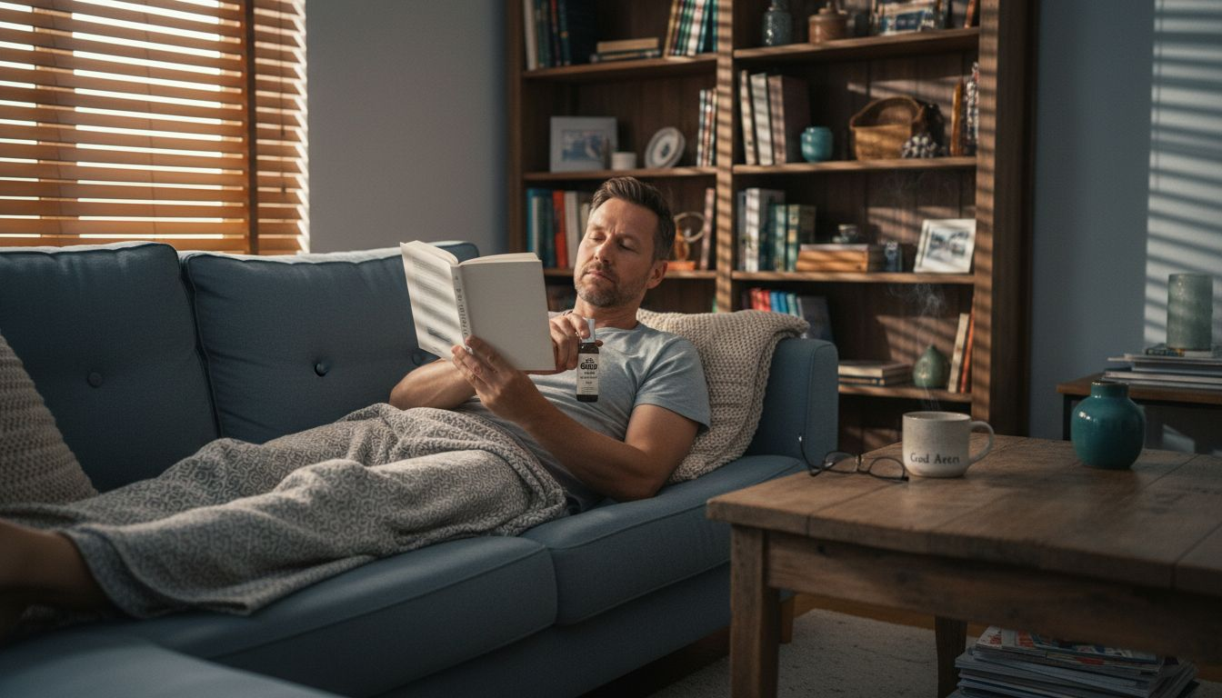 En mand bruger en CBD-roller som en del af sin aftenrutine for at få en rolig og afslappet søvn.