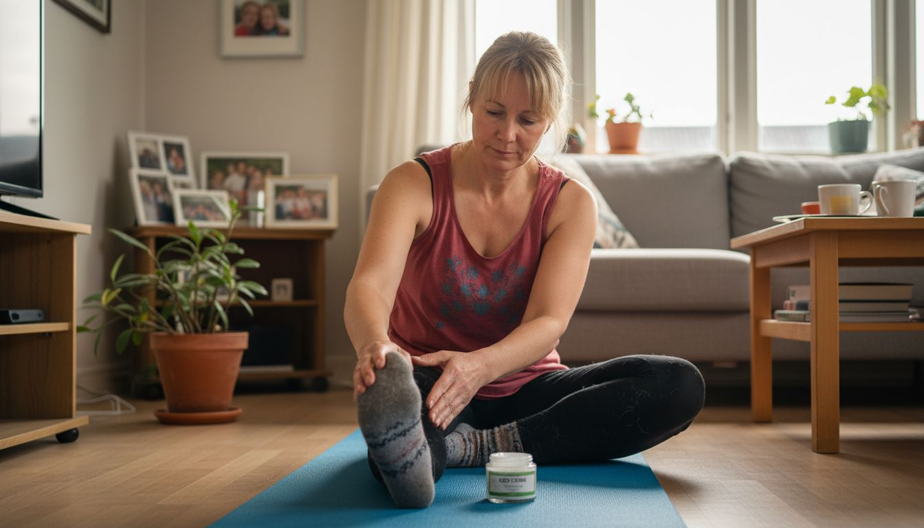 Efter en omgang hjemmetræning smører en kvinde sig ind i CBD-creme for at pleje musklerne.
