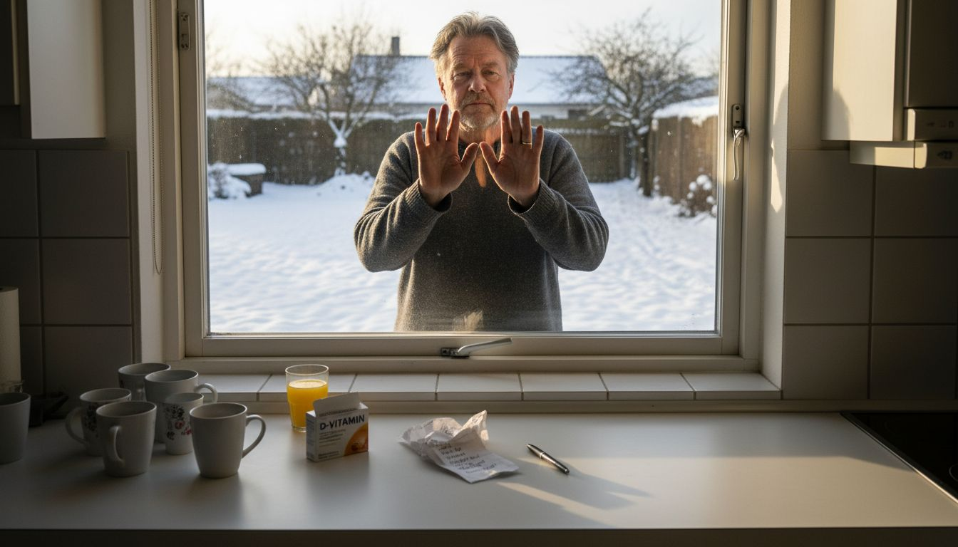 En mand står i vinduet og forsøger at få lidt D-vitamin i de mørke vintermåneder.