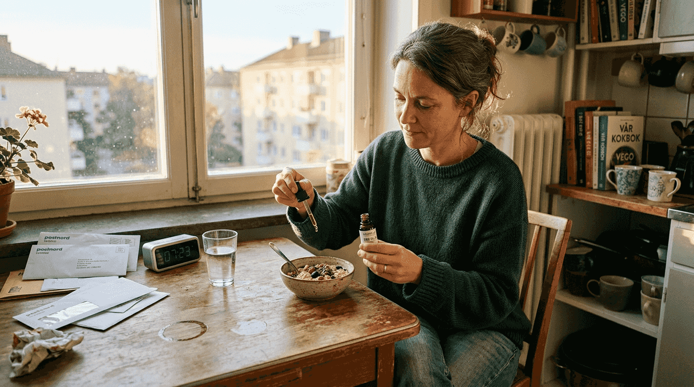 Kvinna tar CBD-olja till frukosten