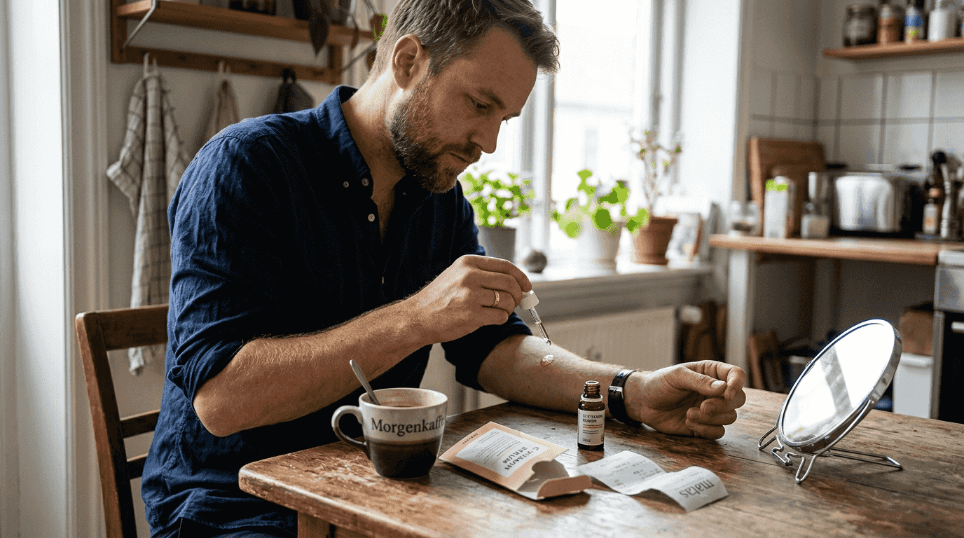 En mand prøver vitamin C-serum derhjemme