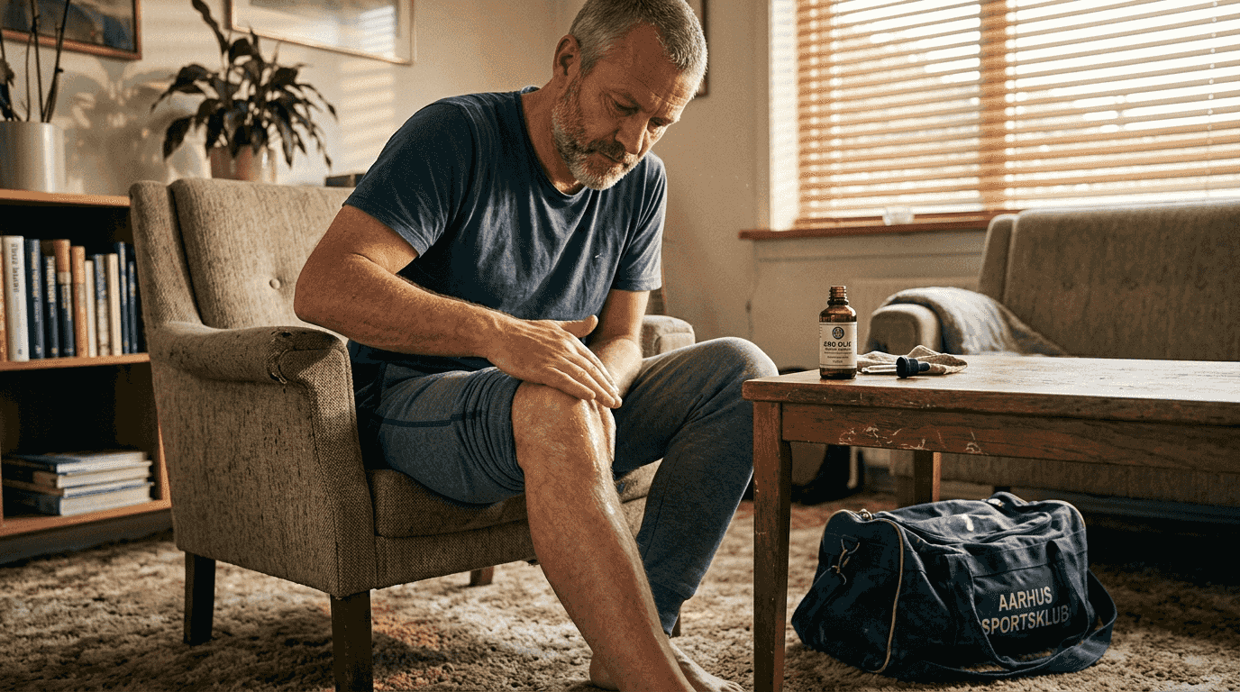 En mand smører CBD-olie på sit knæ for at lindre smerter.
