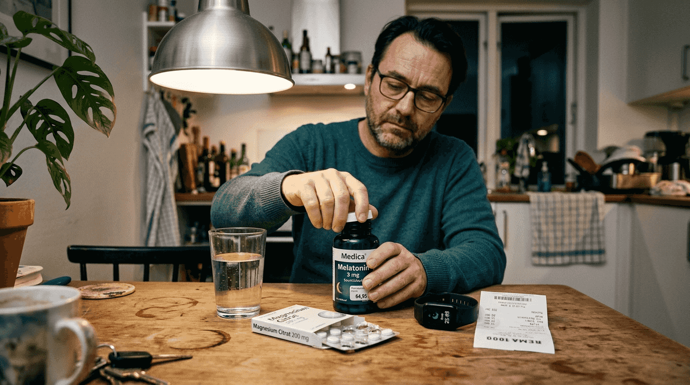 Et lille bord med melatonin, magnesium og et glas vand står klar til aftenen.