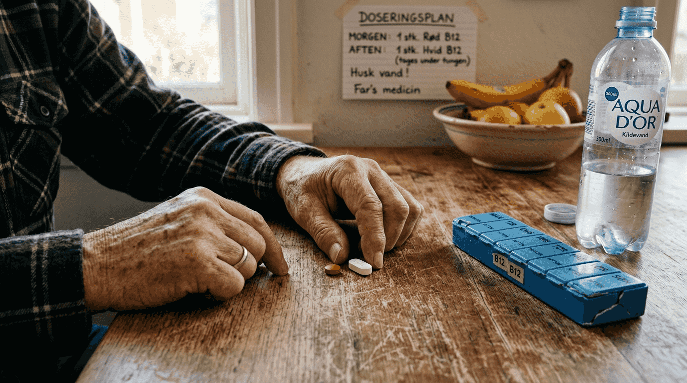 Hænder holder to forskellige B12-tabletter op mod hinanden for at sammenligne dem