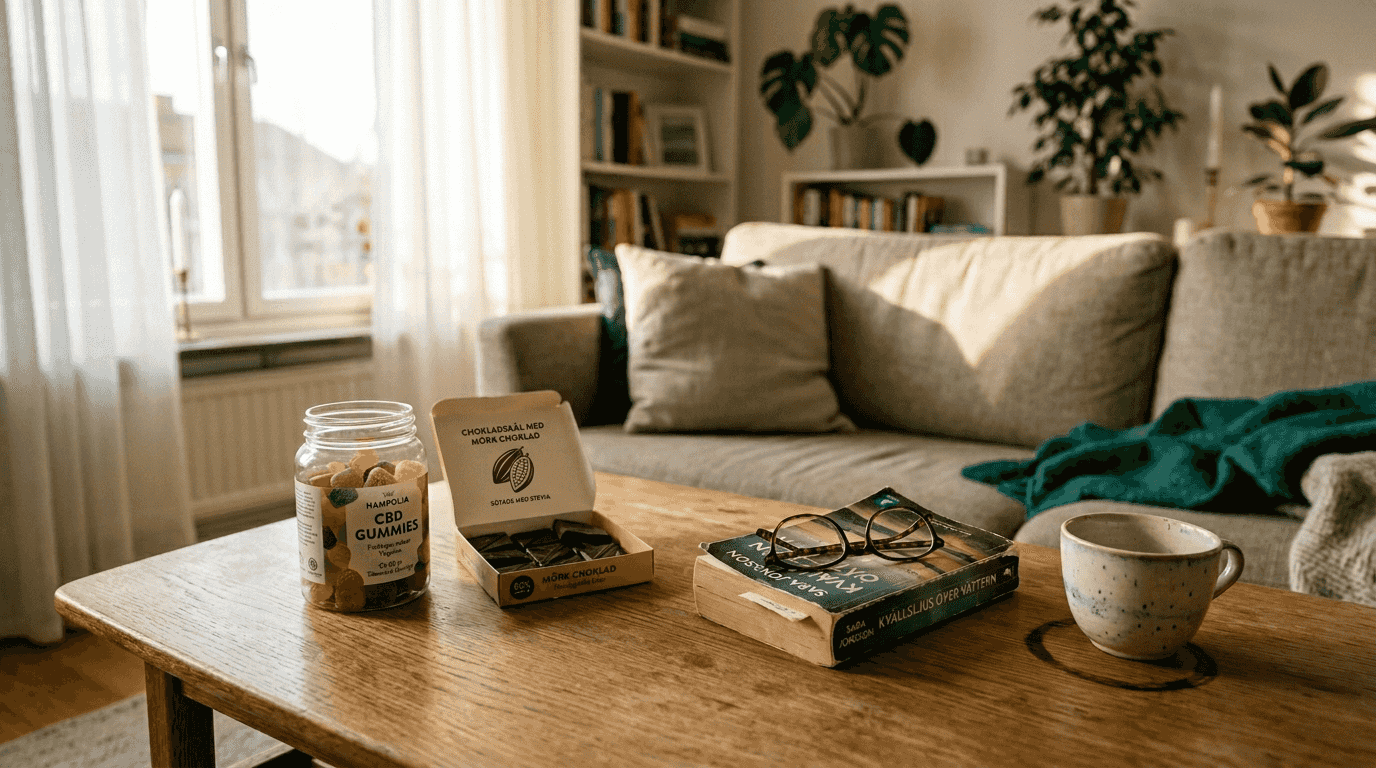 CBD-godisar och choklad upplagt på soffbordet