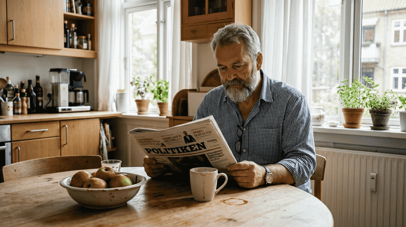 En mand sidder ved køkkenbordet og læser dagens avis, mens frugtskålen står inden for rækkevidde.