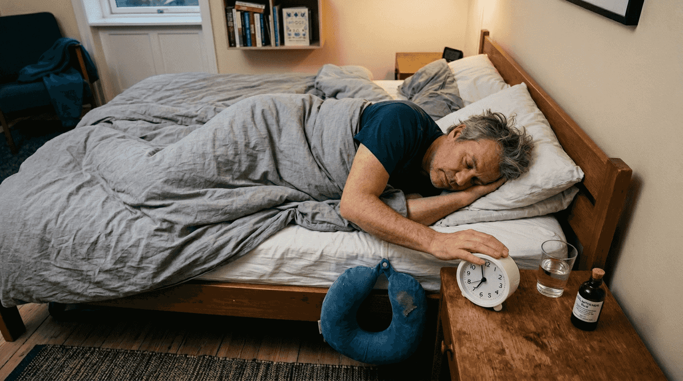 En ældre mand ligger og sover roligt ved siden af sit natbord.