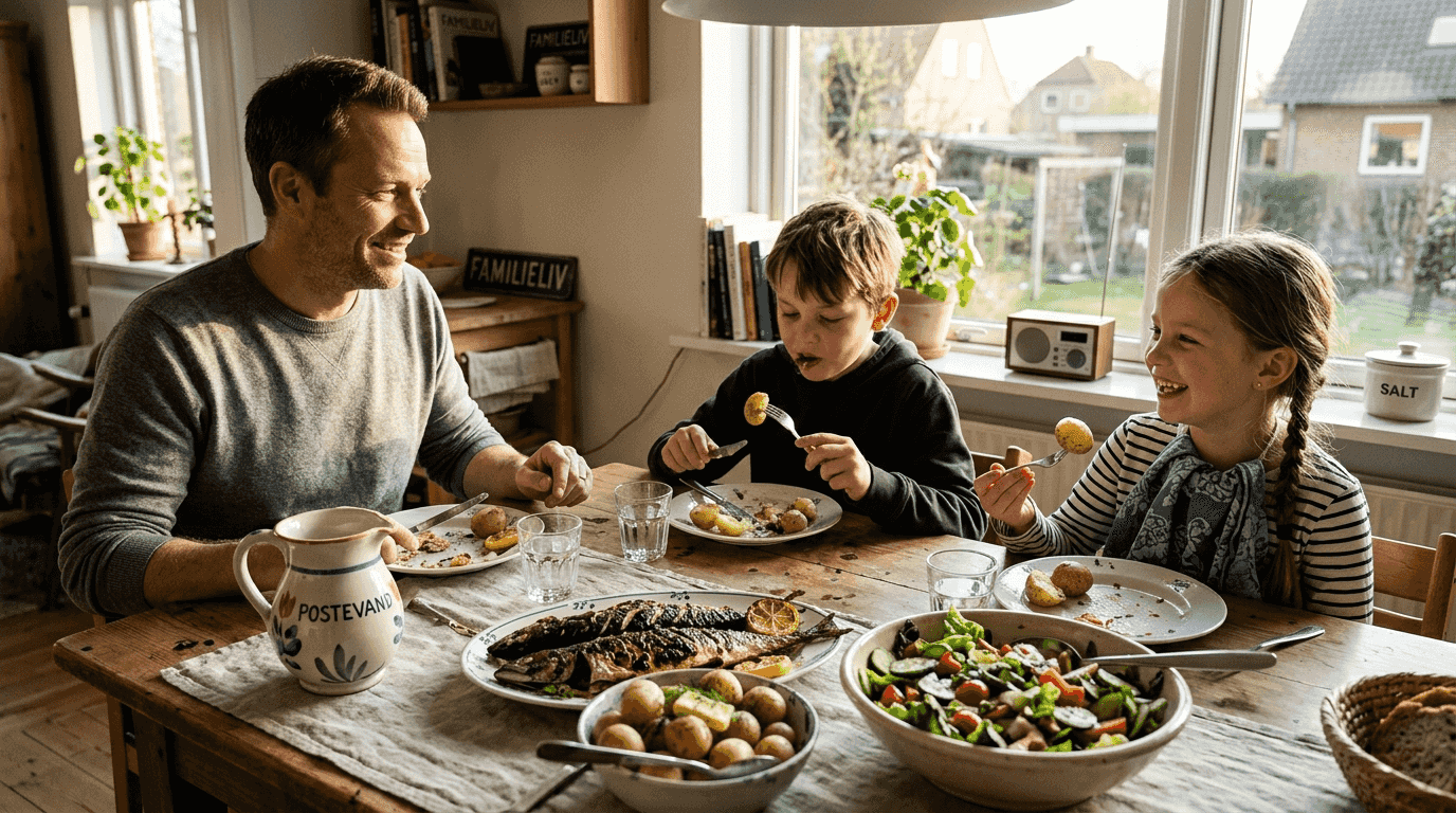 En familie samles omkring spisebordet og nyder en let aftensmad med fisk og frisk salat.