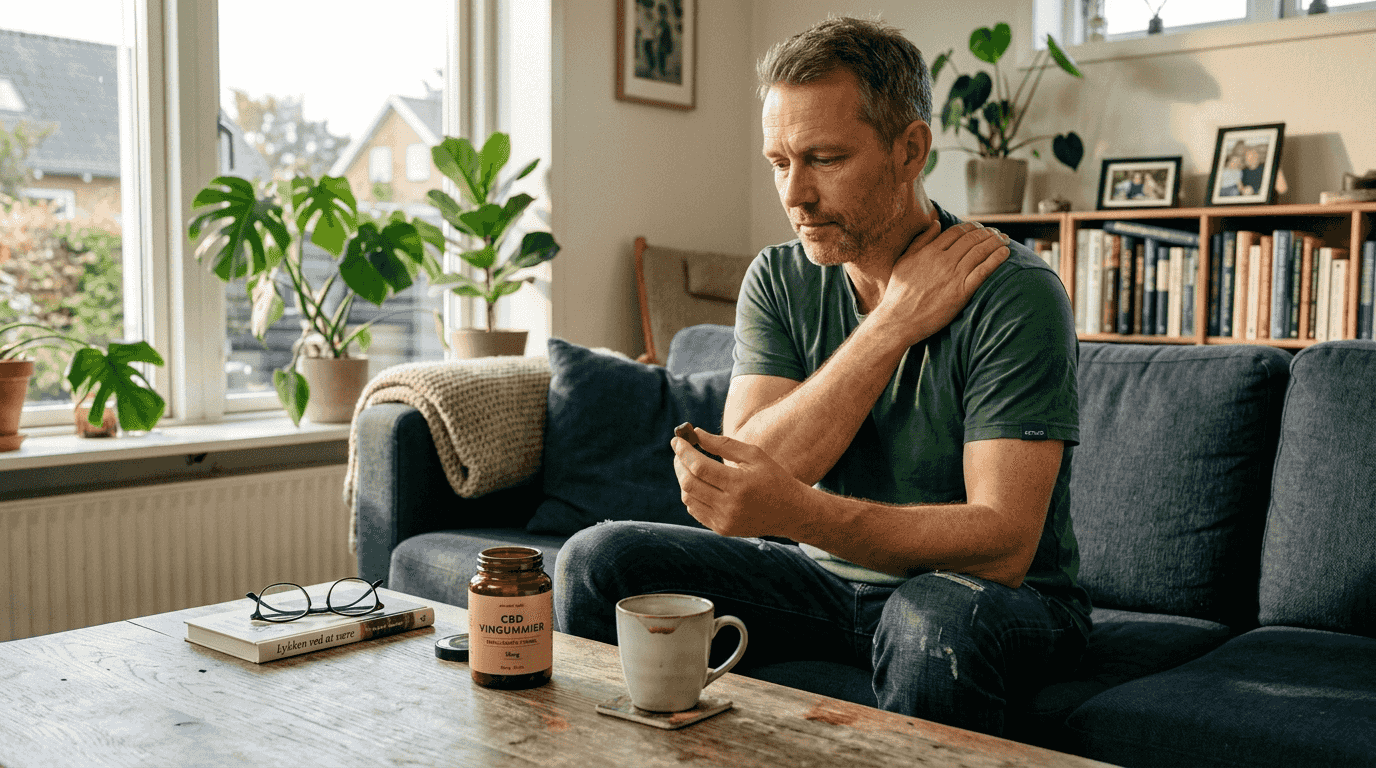 En mand giver sig til at massere sine skuldre, mens han har en CBD-gummy i hånden.