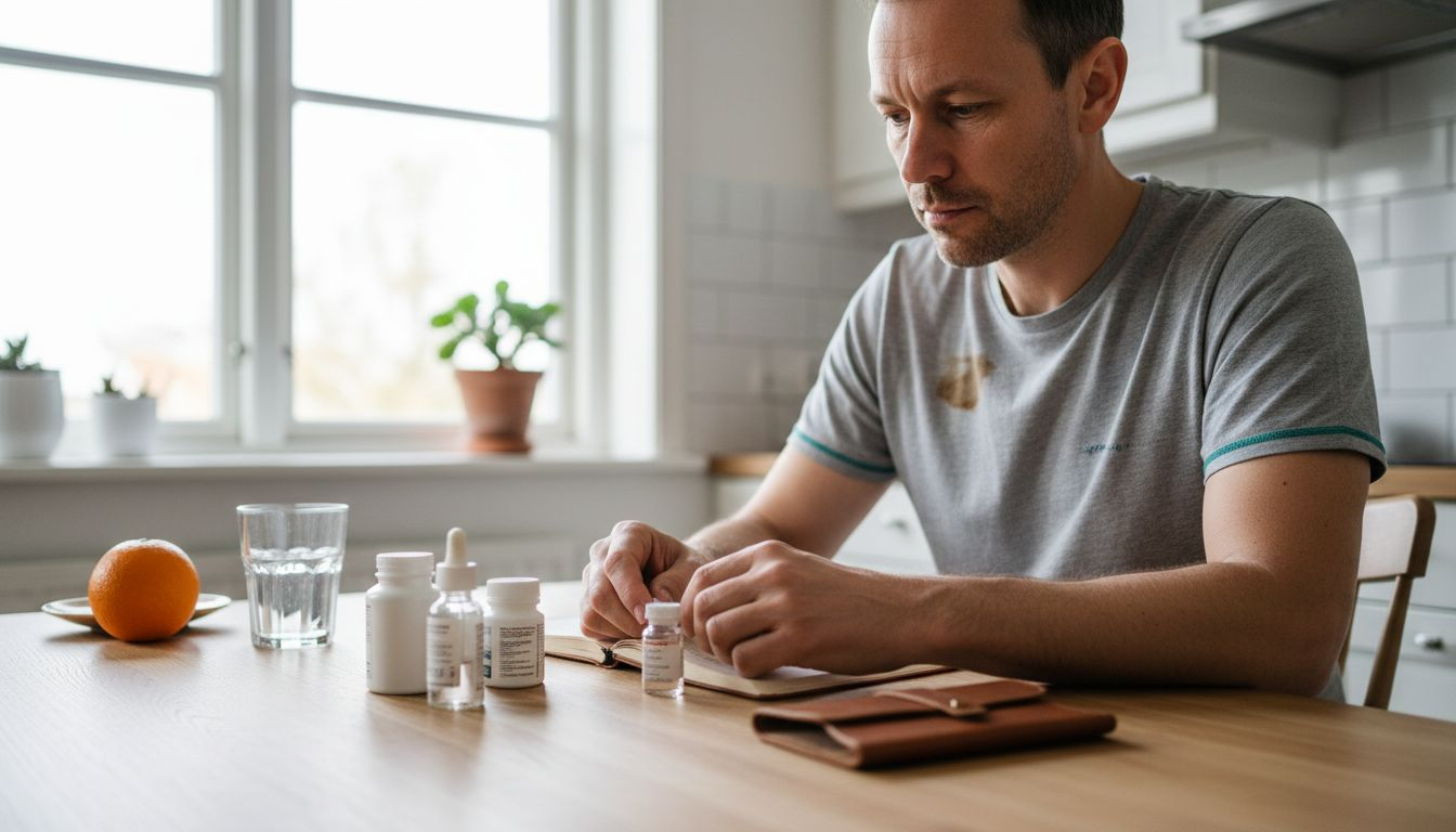 Man undersöker CBD och läkemedel hemma vid köksbordet
