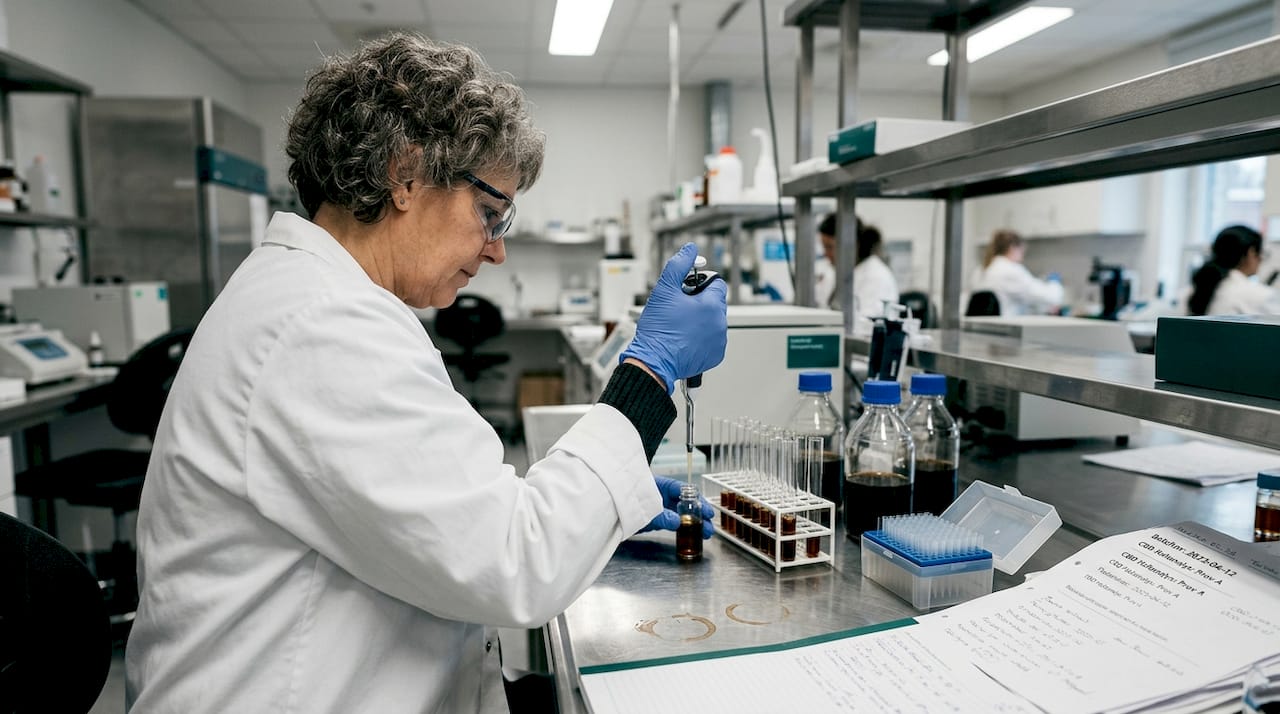 En laboratorietekniker hanterar CBD-extrakt under sitt arbete i labbet.