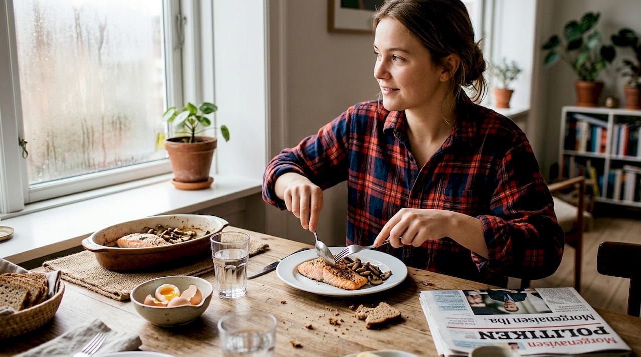 En kvinde dækker morgenbordet og serverer laks og æg.