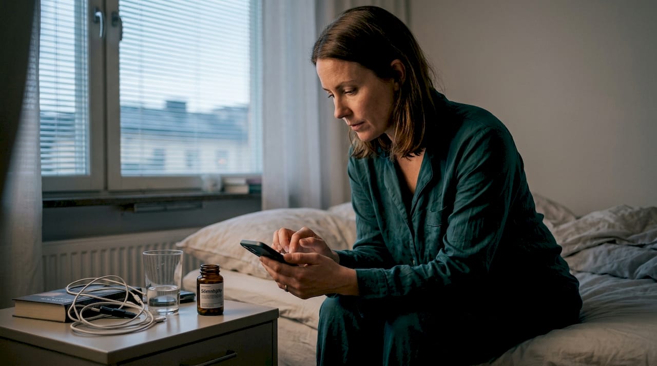 Kvinna som kollar på sina sömnresultat i mobilen sent på kvällen