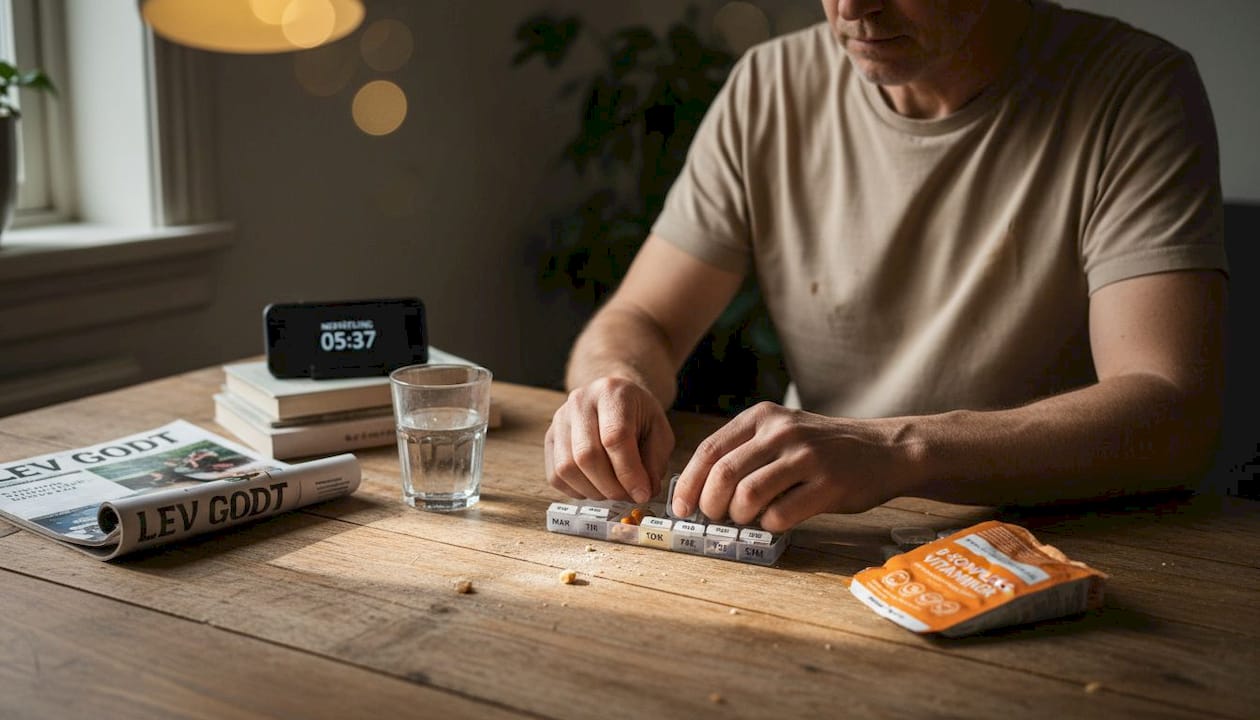 En mand gør sine B-vitaminer klar som en del af sin aftenrutine.