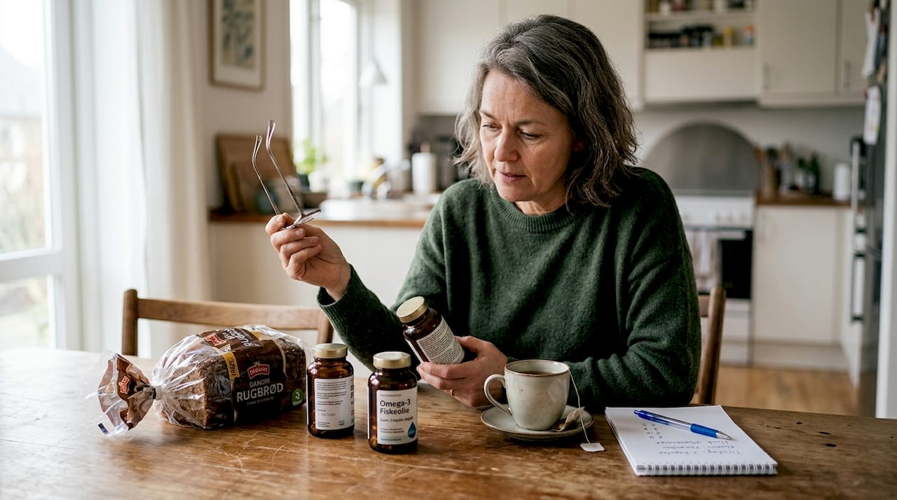 En kvinde sidder ved bordet og kigger nærmere på et glas med omega-3 kosttilskud.