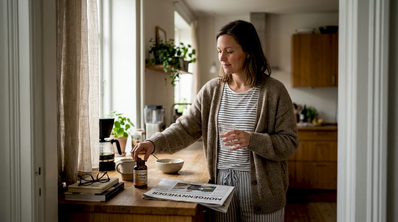 En kvinde tager sin vitaminpille, inden hun går i seng.