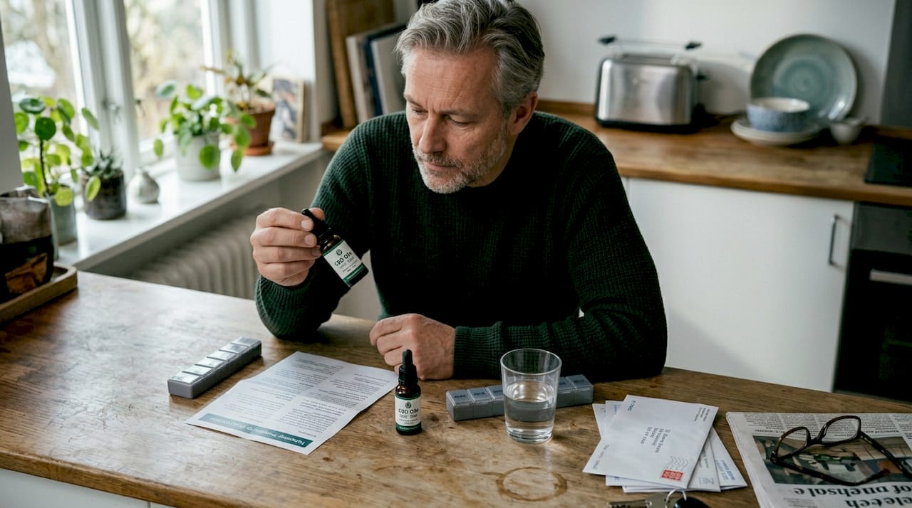 En mand står ved køkkenbordet og sammenligner forskellige flasker CBD-olie for at finde den, der passer bedst til hans behov.