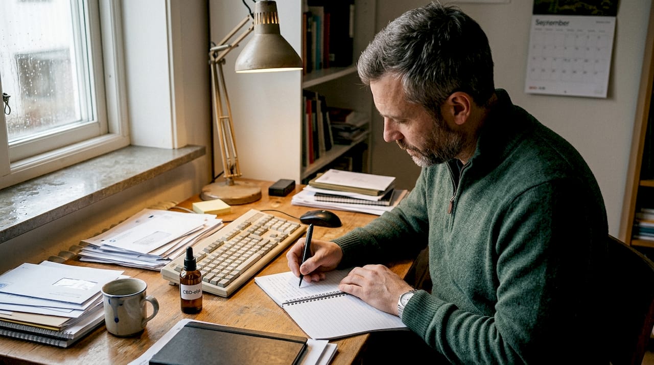 Skriver ner tankar om CBD vid skrivbordet