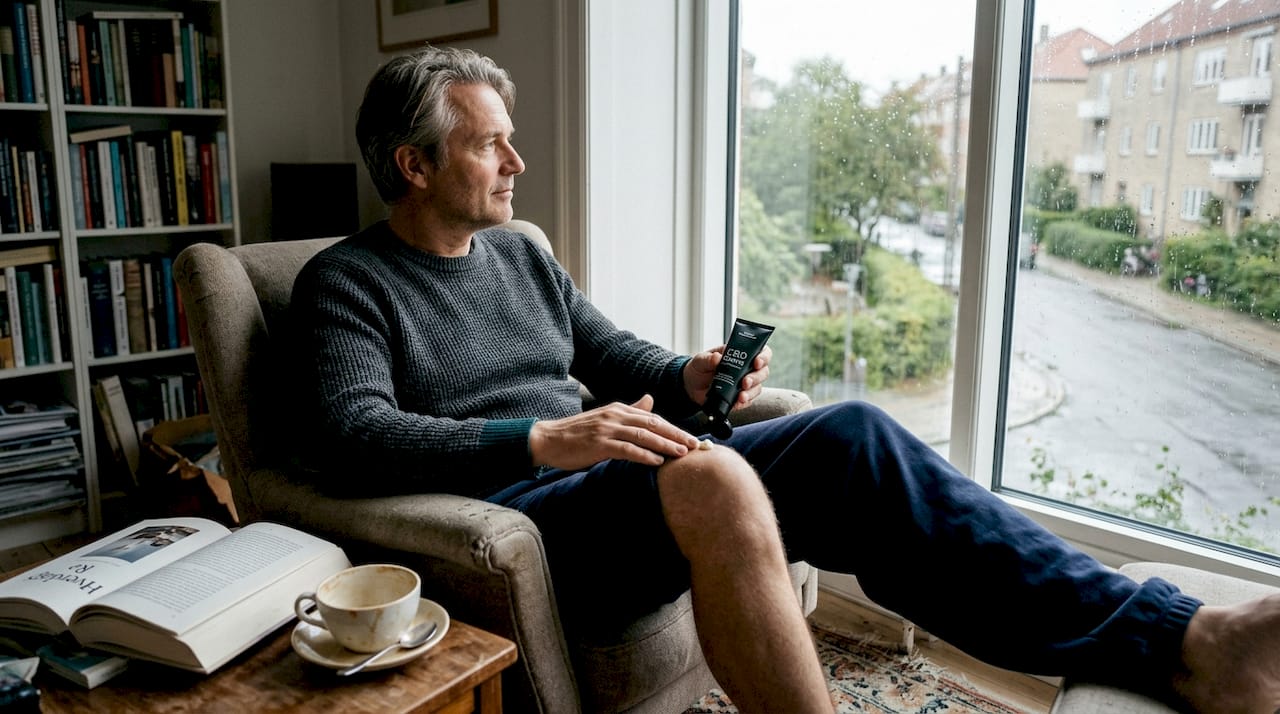 En mand smører CBD-creme på sit knæ derhjemme