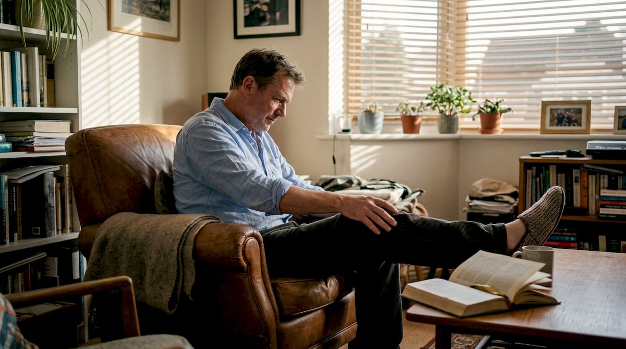 En mand sidder i stuen, hvor solen strømmer ind, og masserer sine knæ.