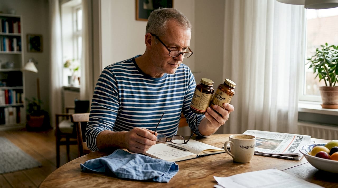 En mand sidder ved bordet og sammenligner to forskellige B12-vitamintilskud.