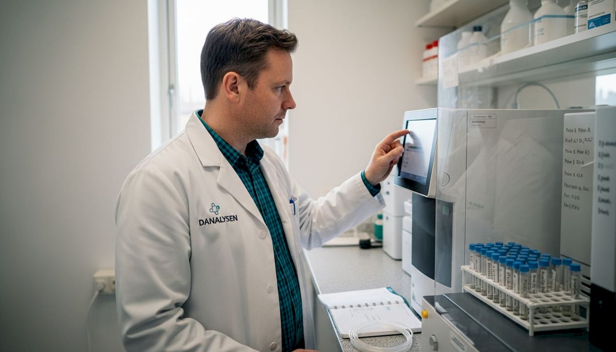 En laboratorietekniker analyserer CBD-indhold ved hjælp af et HPLC-apparat.