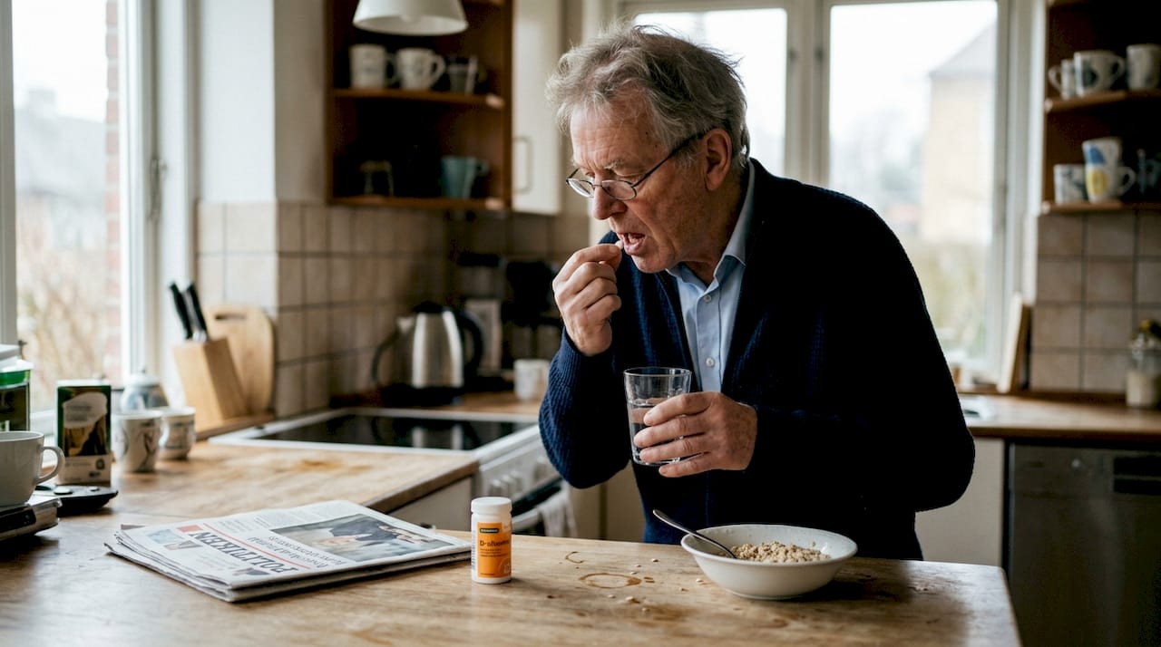 En ældre herre står i køkkenet og tager sin daglige vitaminpille.