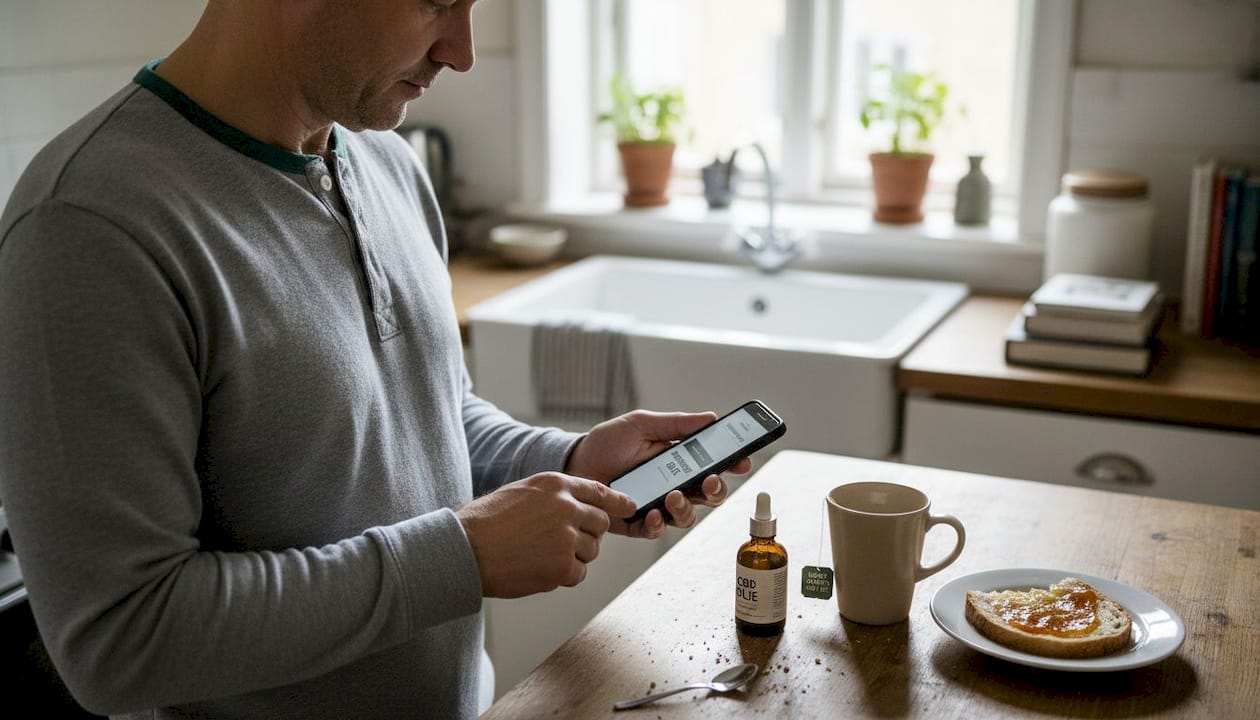 En mand starter dagen med sin faste CBD-rutine i køkkenet.