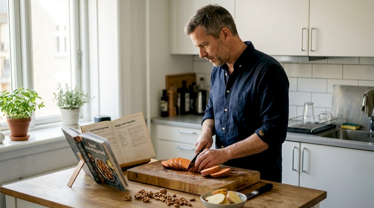 En mand står i køkkenet og laver mad fyldt med vitaminer.