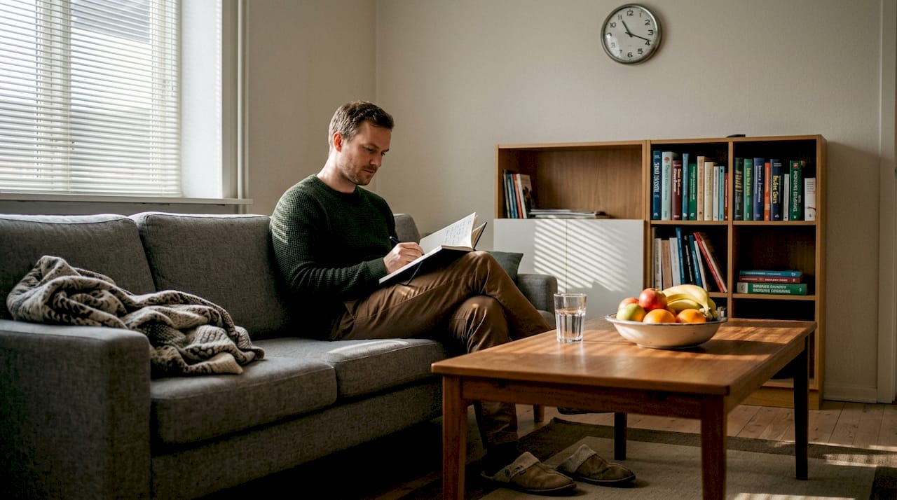 Mand holder styr på sin sunde livsstil hjemme i stuen