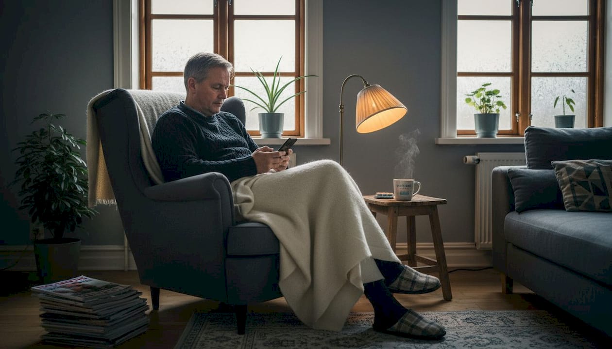 En mand sidder i stuen og kigger på sine D-vitaminpiller
