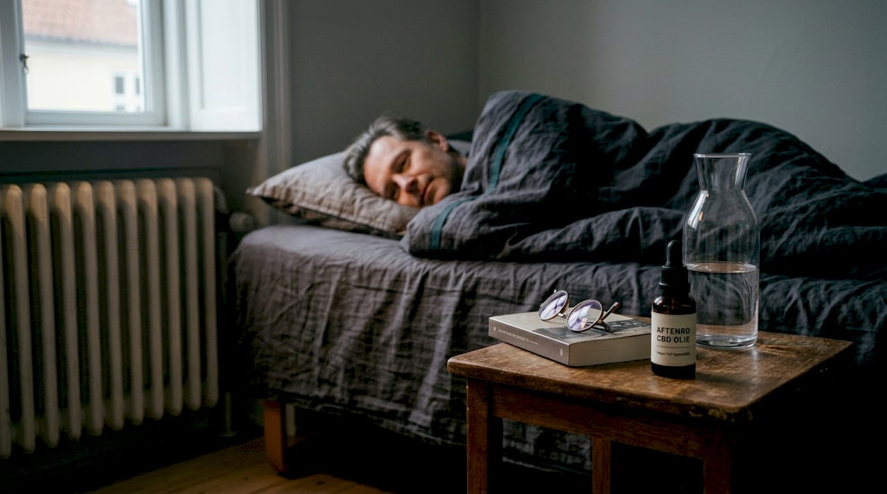 En mand slapper af ved sin seng, med en CBD-flaske stående på natbordet.