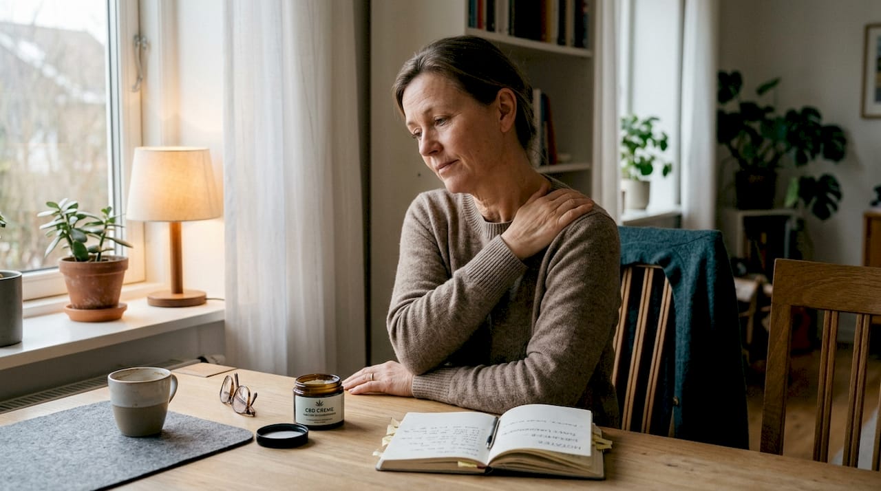 En kvinde lindrer sine smerter med CBD-creme