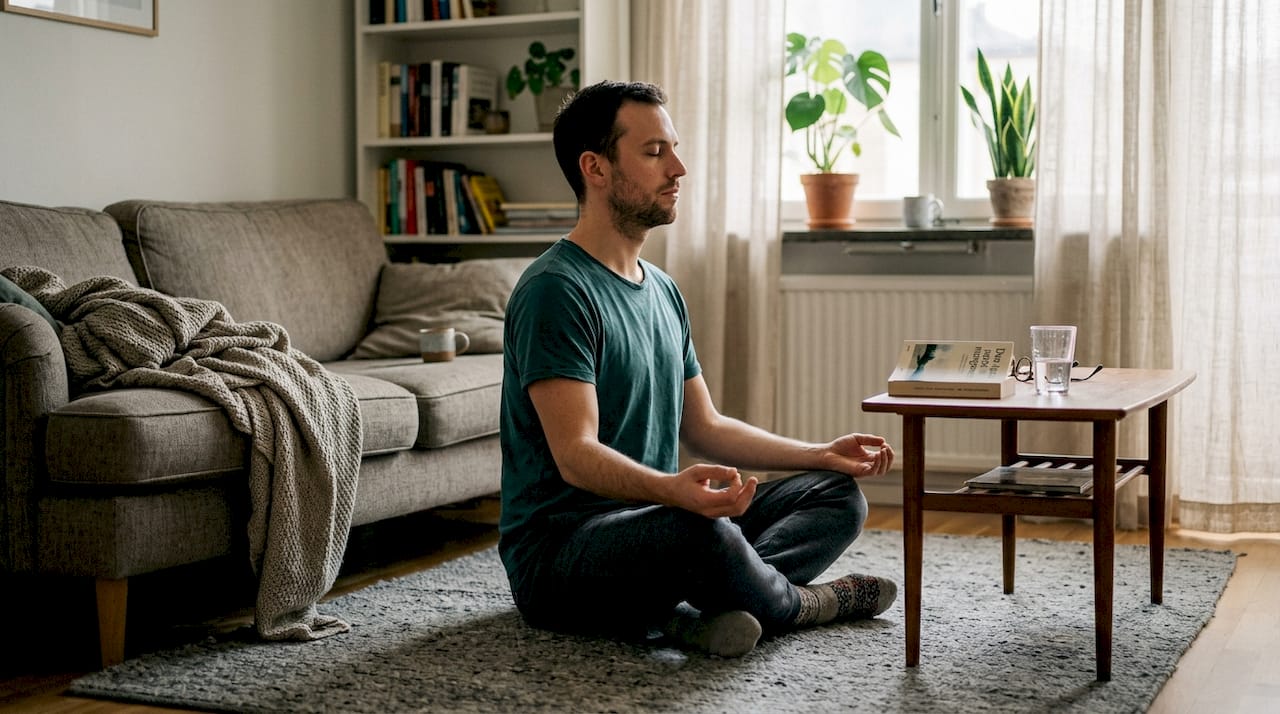 En man som börjar dagen med meditation för att hantera stress och skapa inre lugn.