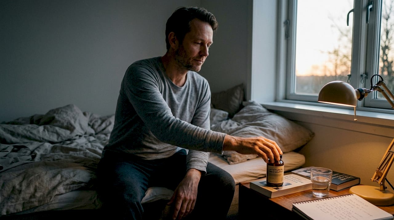 En mand lægger sit søvntilskud på natbordet før sengetid.
