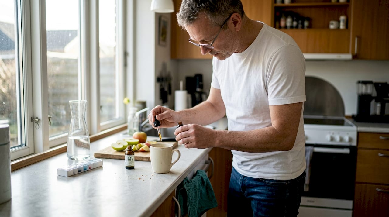 En mand står i køkkenet og laver sin egen CBD-olie