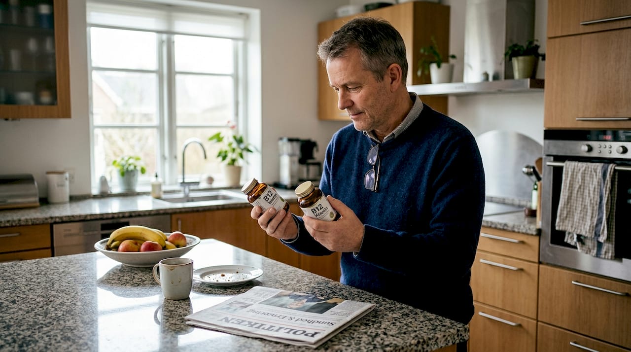 Mand står og sammenligner to forskellige B12-vitaminflasker