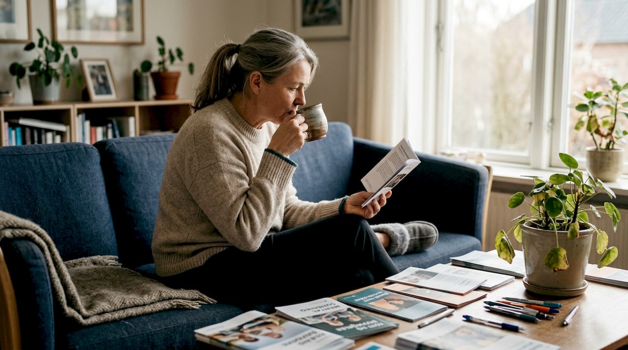 En moden kvinde nyder en stille stund med sit sundhedsmagasin.