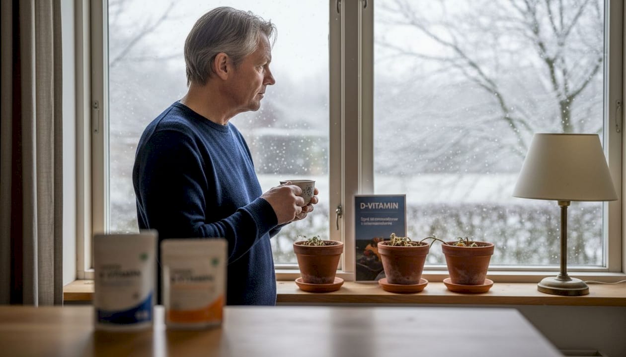En mand står og kigger ud ad vinduet en vinterdag og tænker på, hvor svært det kan være at få nok D-vitamin i den mørke tid.