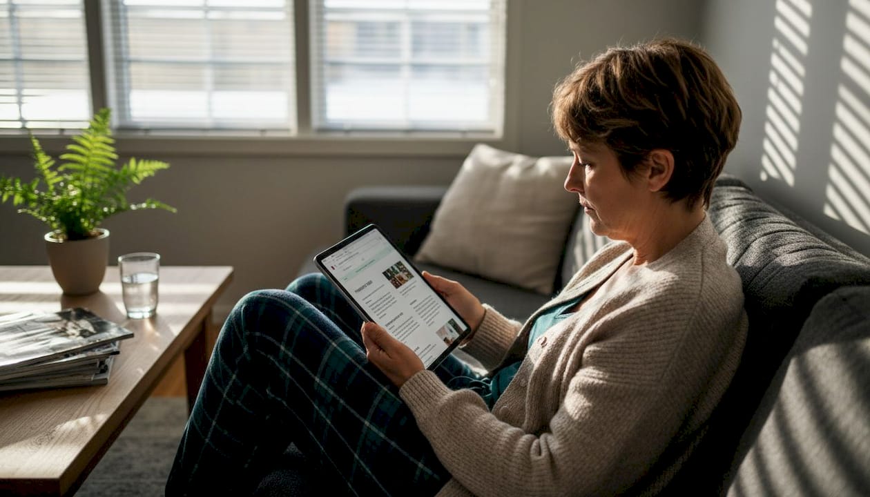 Kvinde sidder i sofaen og læser om CBD på sin tablet