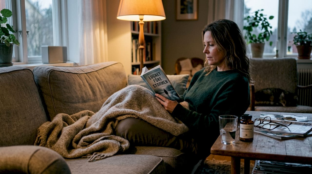 En kvinna sitter bekvämt i soffan med en bok i handen och njuter av sina CBD-produkter.