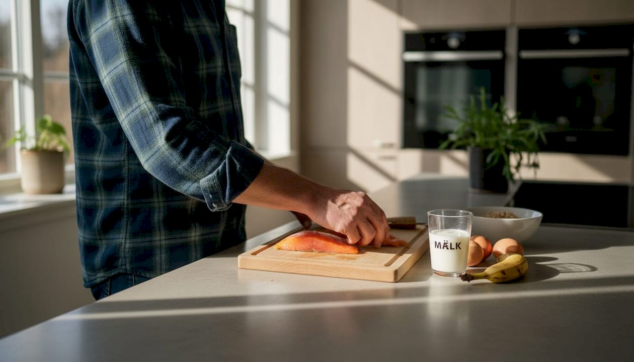Æg, fisk og mælk står fremme på køkkenbordet.