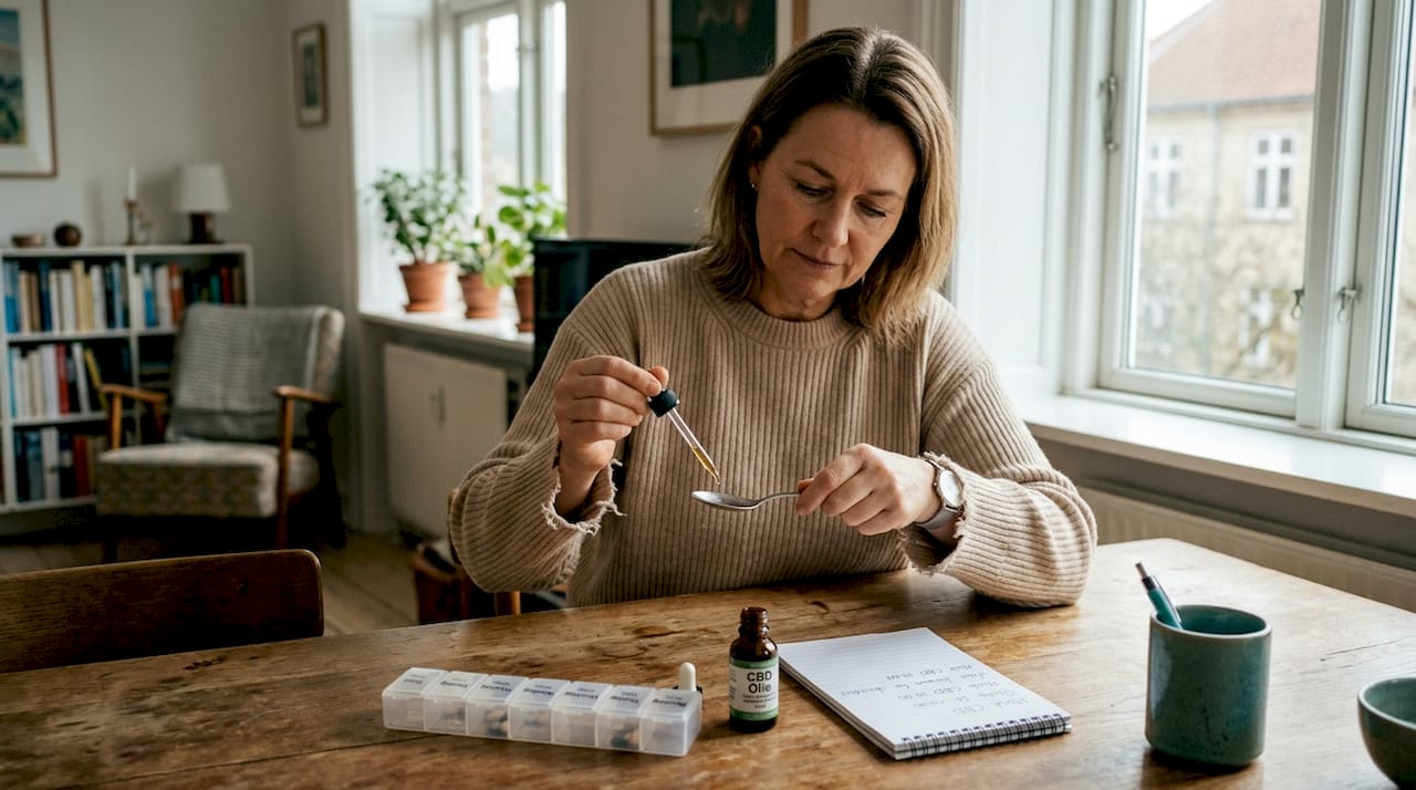 Kvinde afmåler sin daglige dosis CBD hjemme i stuen