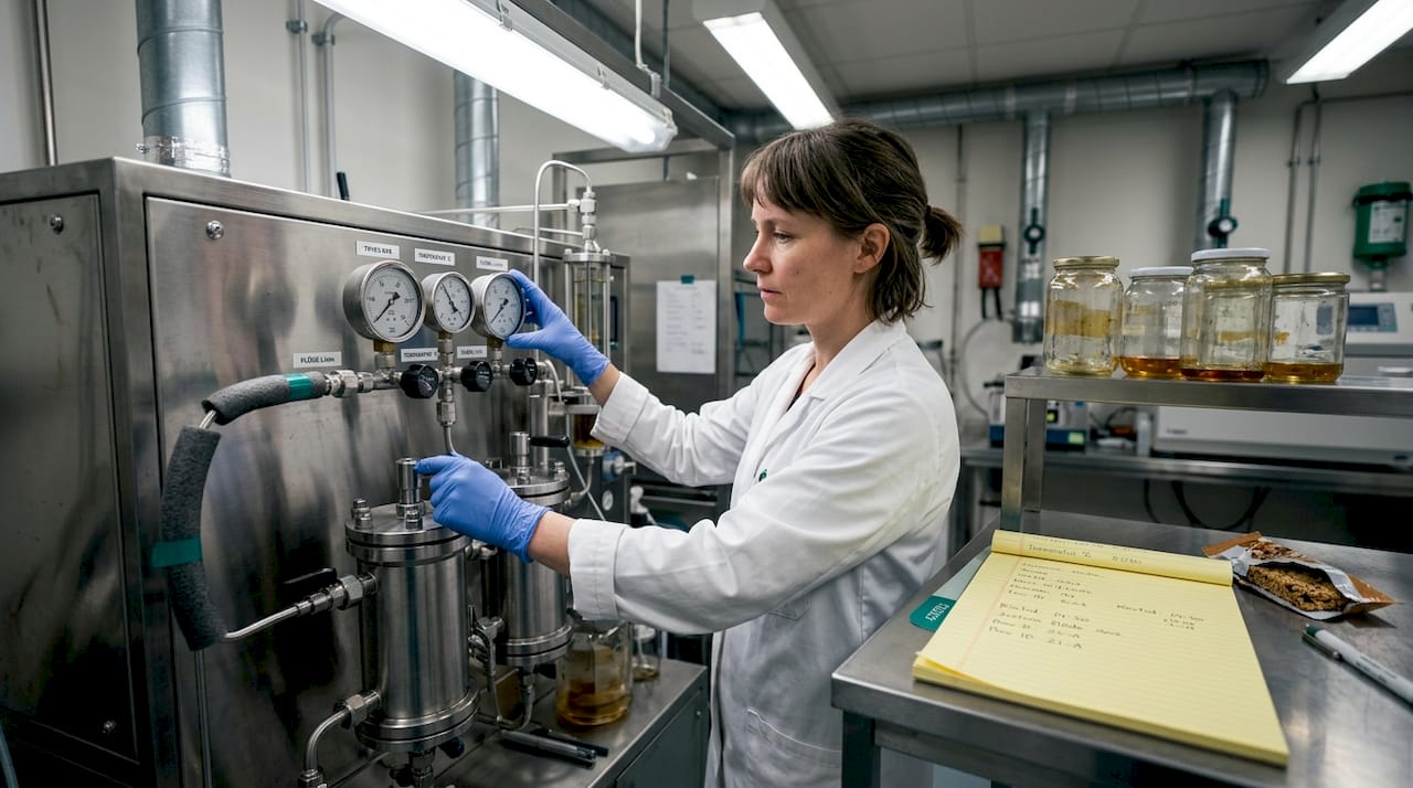 En tekniker arbetar med att sköta utrustningen i ett laboratorium för CO2-extraktion.