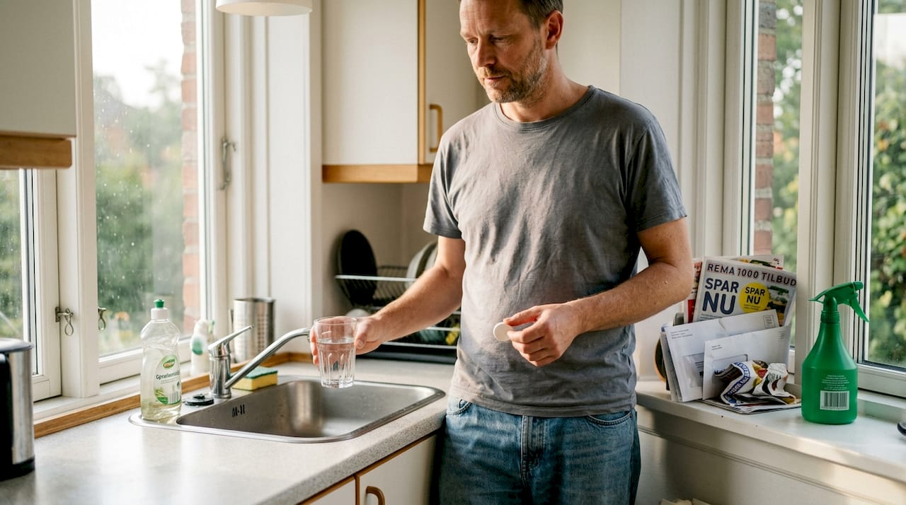 En mand står ved vinduet og tager en C-vitamintablet.