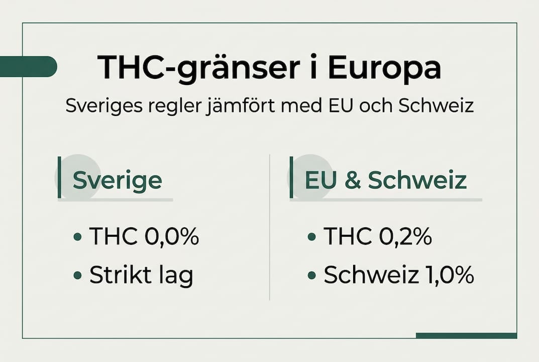 Grafik som visar och jämför tillåtna THC-nivåer i EU, Sverige och Schweiz
