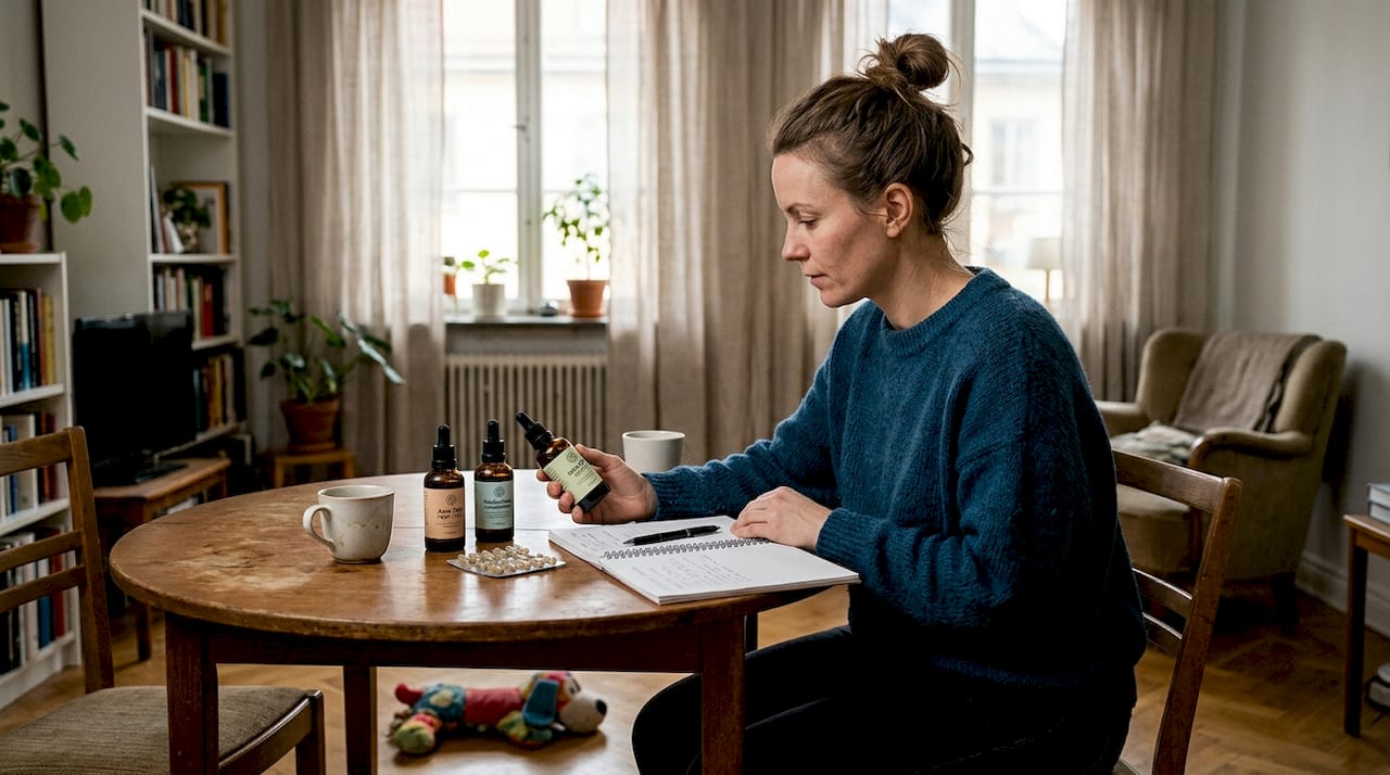 En kvinna sitter vid bordet och granskar olika CBD-produkter för att hitta det som passar henne bäst.
