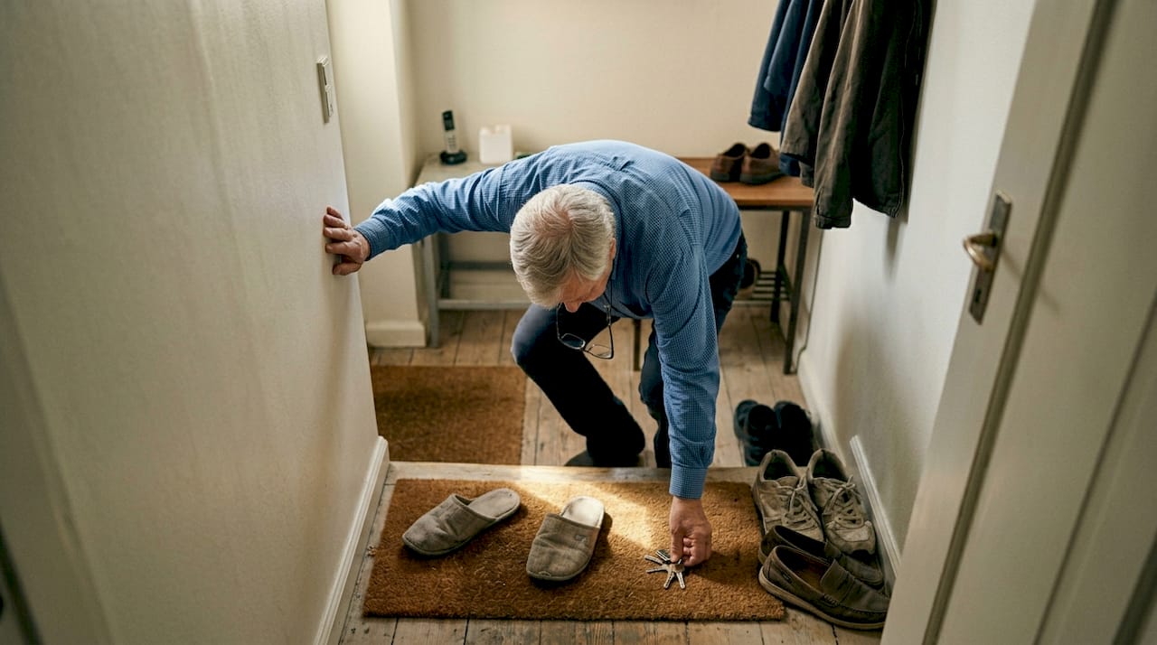 En ældre herre bukker sig ned for at samle sine nøgler op ude i gangen.