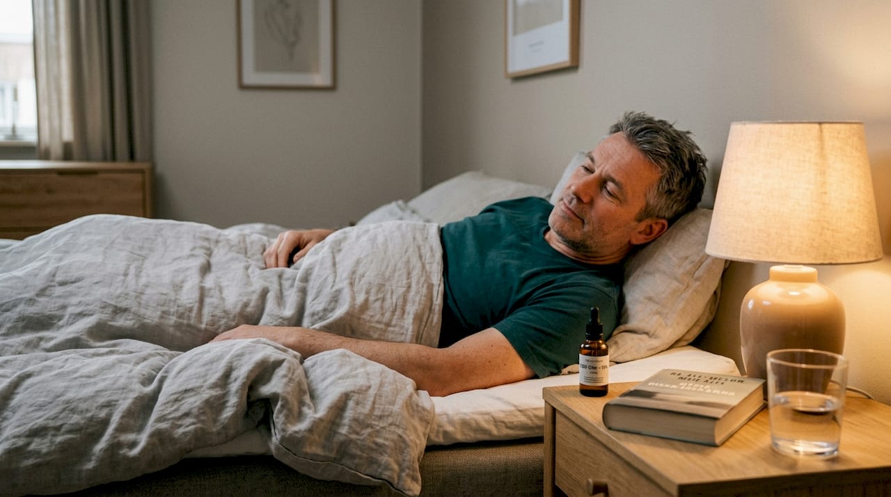 En mand sover trygt med en flaske CBD-olie stående på natbordet ved siden af sengen.