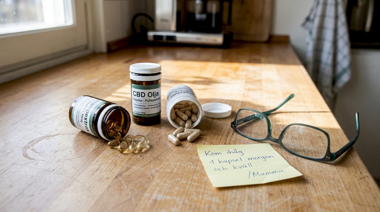 Närbild på tre burkar med CBD-kapslar